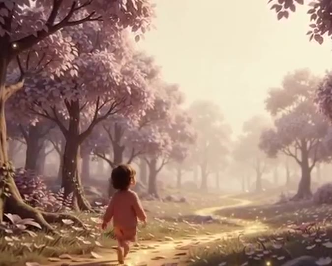 Otrok hodi po sončni gozdni poti med cvetočimi drevesi.