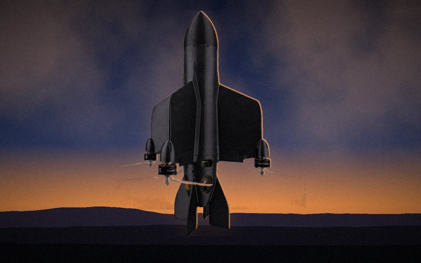 Model Interceptor-1 hovering above a mountain ridge at dusk (composite image)
