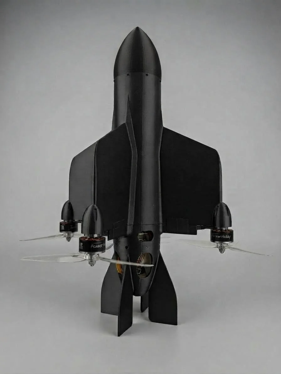 Photograph of Model Interceptor-1: black airframe with a pointed nose cone, swept wings, four electric motors with propellers and four tail fins